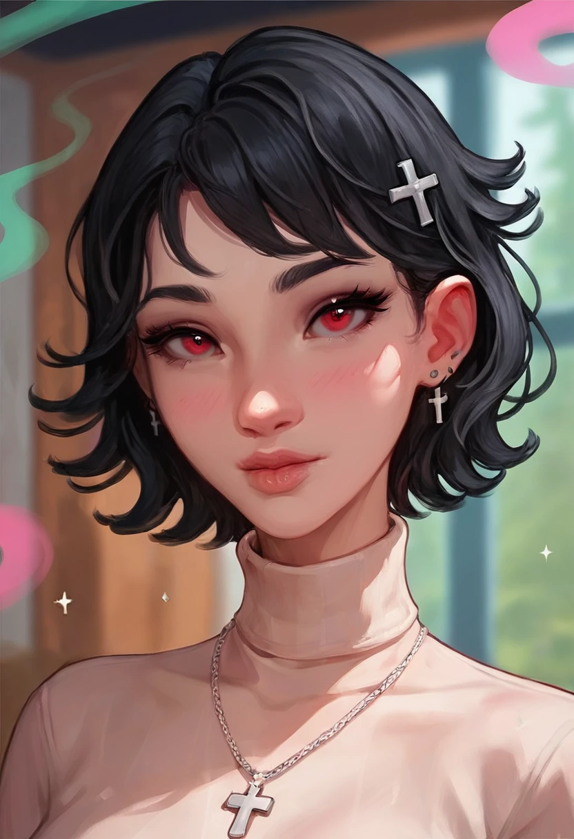 score_9, score_8_up, score_7_up, score_6_up, rmsns, 1girl, solo, short hair, black hair, jewelry, looking at viewer, necklace, cross, portrait, bangs, red eyes, closed mouth, turtleneck, blurry background, cross necklace, lips, piercing, blurry, bob cut, eyelashes