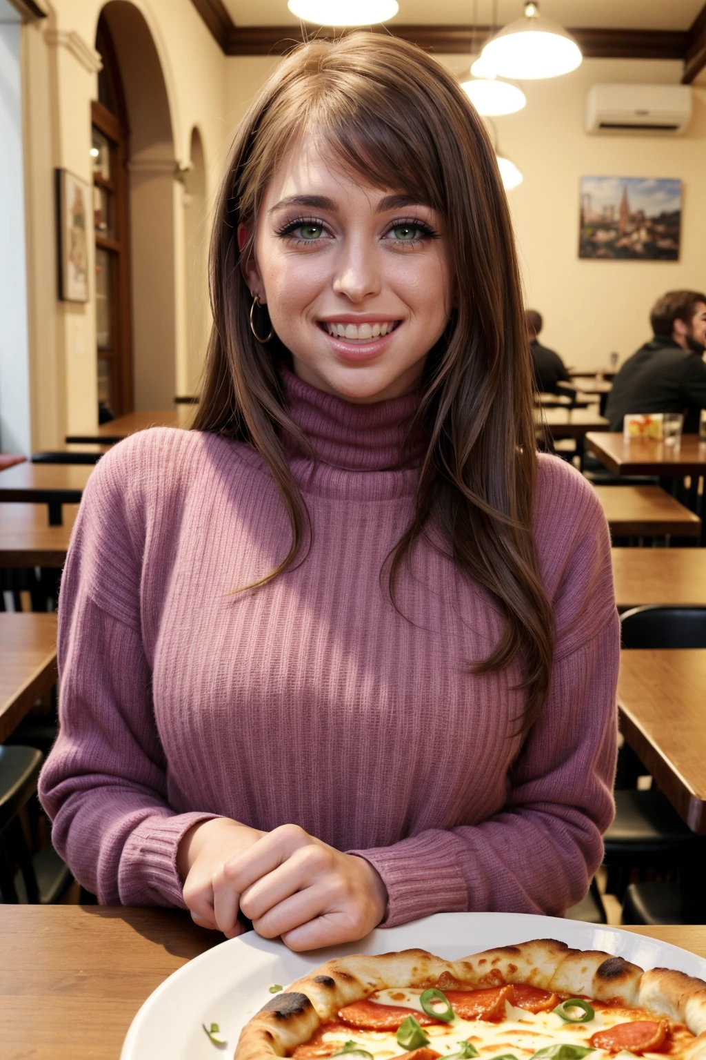 masterpiece, high resolution, cinematic, absurdres, photorealistic, realistic. rlyrd, Riley Reid, <lora:riley_reid_LoRA_0.1-000006:1>, wavy long dark red hair hair, wearing a pink turtle-neck jumper, sitting at the table at a pizzeria in Rome, small breasts, ((laughing)), ((squinting)), eating pizza, dinner with rlyrd. <lora:lora_perfecteyes_v1_from_v1_160:0.6>, green eyes, photo of perfecteyes eyes, perfecteyes eyes. perfect hands, detailed hands