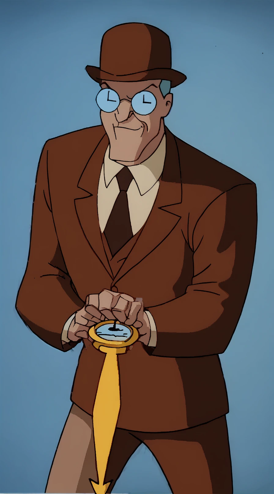 (ccbtas), round eyewear, opaque glasses, brown suit, cowboy shot, looking at viewer, holding gold cane, from above, smug, 90s cartoon style, timeart, clock, time, clockwork background, 90s cartoon style, flat shaded, <lora:Clock_King_-_Batman_Animated_v1:0.9>, <lora:dcau-330:0.7>, <lora:batman_pony_v1:0.3>, <lora:timeart:0.4>, score_9, score_8_up, score_7_up, score_6_up, score_5_up, score_4_up,