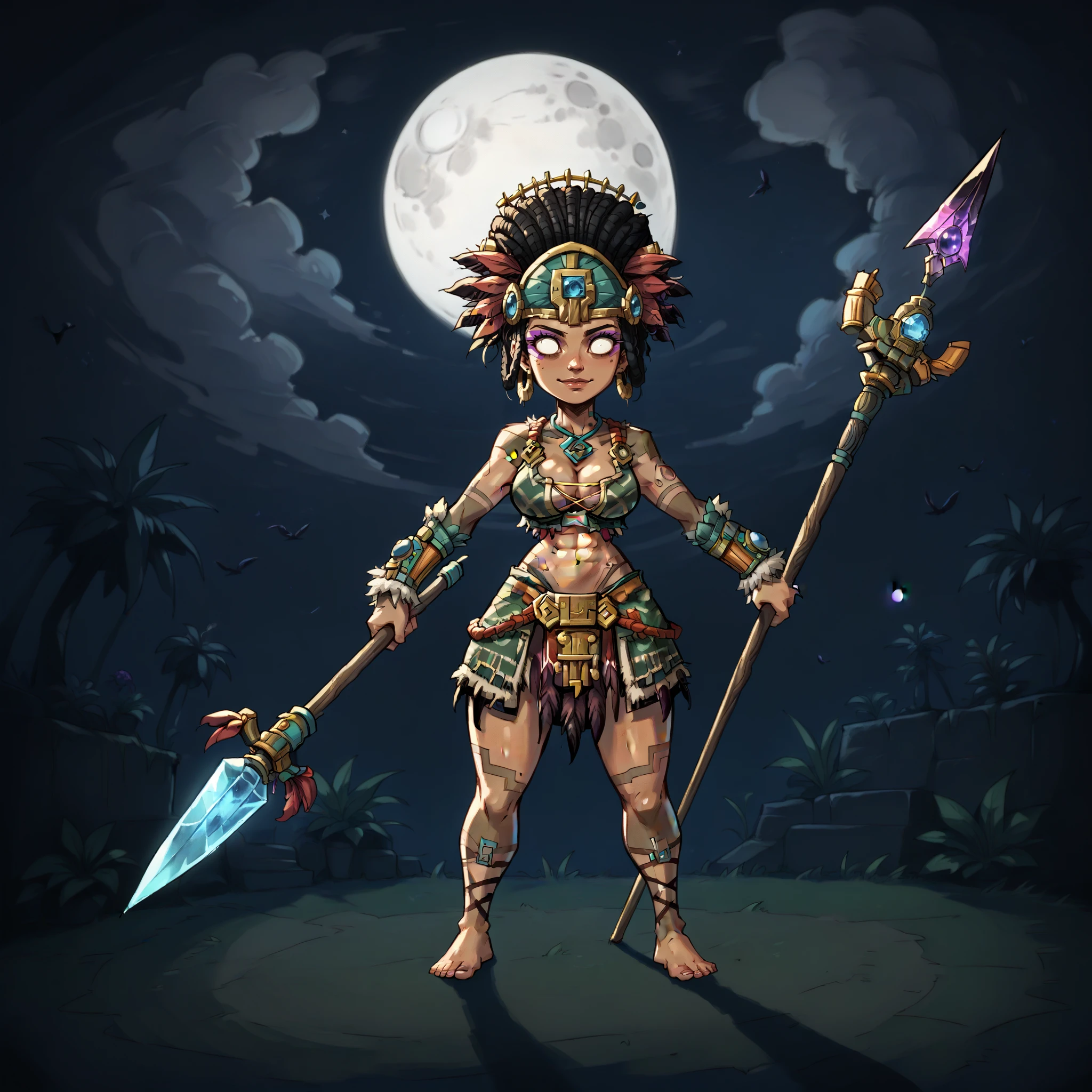 score_9, score_8, score_7, score_6_up, AwiliSmi, dontstarvestyle, blank eyes, dark skin, dark-skinned female, gem, full body, barefoot, spear, holding polearm, holding, weapon, chibi:0.7, solo,
slight smile, hair ornament, headdress, dreadlocks, purple eyeshadow, navel, cleavage, skirt, large breasts, fur-trimmed bracer, hair rings, earrings, gem, necklace, tribal tattoo, feathers, abs:0.2,
night, dutch angle, moon, giant moon, (simple background),
 <lora:Awilix_-_Smite-000005:0.8>,  <lora:DontStarveStyle_Pony_V2_con_b2_32:0.8>