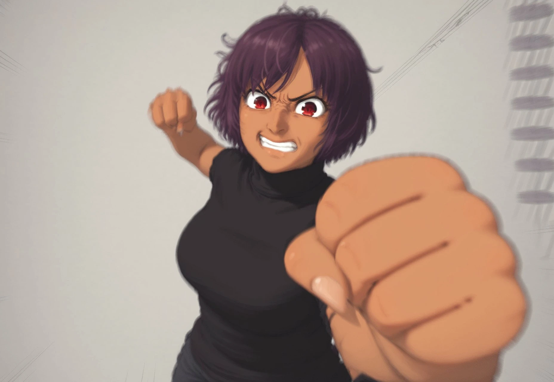 1girl, beating_you, tan skin, short hair, purple hair, tan skin, red eyes, angry, smile, punching, clenched fist, below pov, motion blur, black turtleneck, fists
anime style image showing