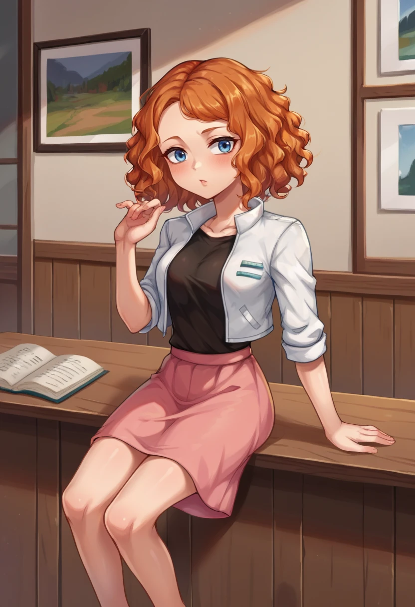 score_9,score_8_up,score_7_up BREAK <lora:melissa:1>,melissaSDXL,1girl,blue eyes,shirt,jacket,short hai,rorange hair,black shirt,curly hair,white jacket,pink skirt,cowboy shot,room,room background,sitting,