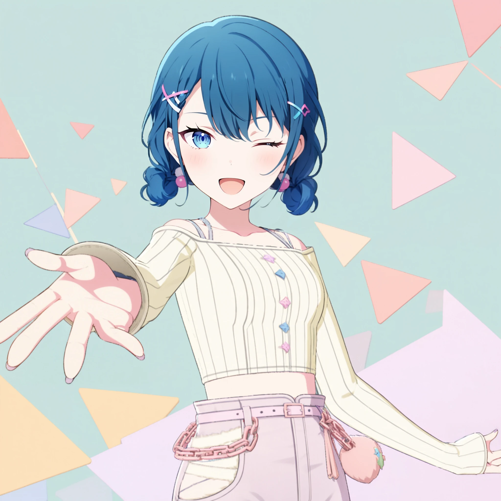 1girl, project sekai, masterpiece, very aesthetic, absurdres, official art,
innocent streamer, dark blue hair, blue eyes, (twin braid, low twintails:1.4), one eye closed,
(looking at viewer:1.4), :D, reaching toward viewer, cowboy shot, BREAK
earrings, hair ornaments, hairclip,
simple background, green background, pastel color background, square, circle, triangle,
<lora:sdxl-mmj-InnocentStreamer01:0.8:lba=0,0,0.2,0.2,0,0.4,0.4,0,0.8,0.8,0,0,0,0.8,0.8,0.6,0.8,0.0,0.0,0.0,0,0,0,0,0,0>