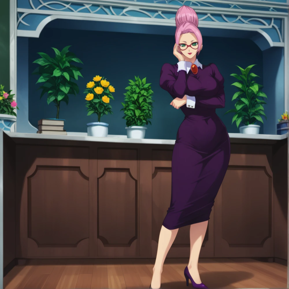 score_9, score_8_up,  source anime, ((hyper realistic)), (full body view), masterpiece, ultra detailed, vibrant, (indoors :1.3), 1 woman, (solo:1.2), mature female, Mexiah, mexiah hair updo, pink hair, green eyes, red rim glasses, gold eyeglass chain, hot-pink lips, mexiah sensei, teacher, red brooch, purple dress, juliet sleeves, long sleeves, white wrist cuffs, purple high heels,, tall, slender,  full body shot, looking  at viewer, one arm under breasts, one hand on cheek, flirty, smile,  (perfect hands:1.2),  <lora:StS_detail_slider_release_two_v3:1>     <lora:Mexiah:1>