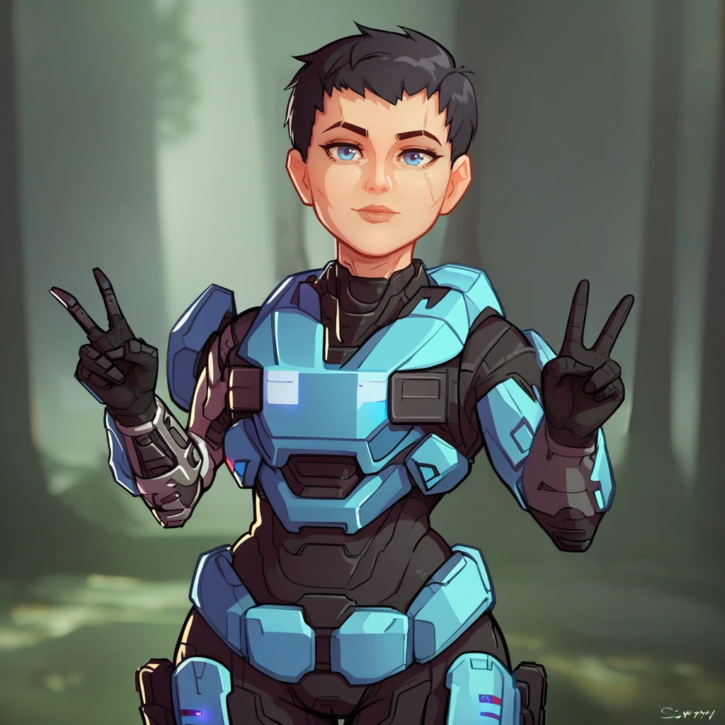 score_9_up, score_8_up, BREAK, kat-b320, 1girl, solo, black hair, very short hair, blue eyes, armor, cowboy shot, looking at viewer,  <lora:Kat-b320_HaloReach_PXL_Leaf1:1>, forest, double v, spartan \(halo\),