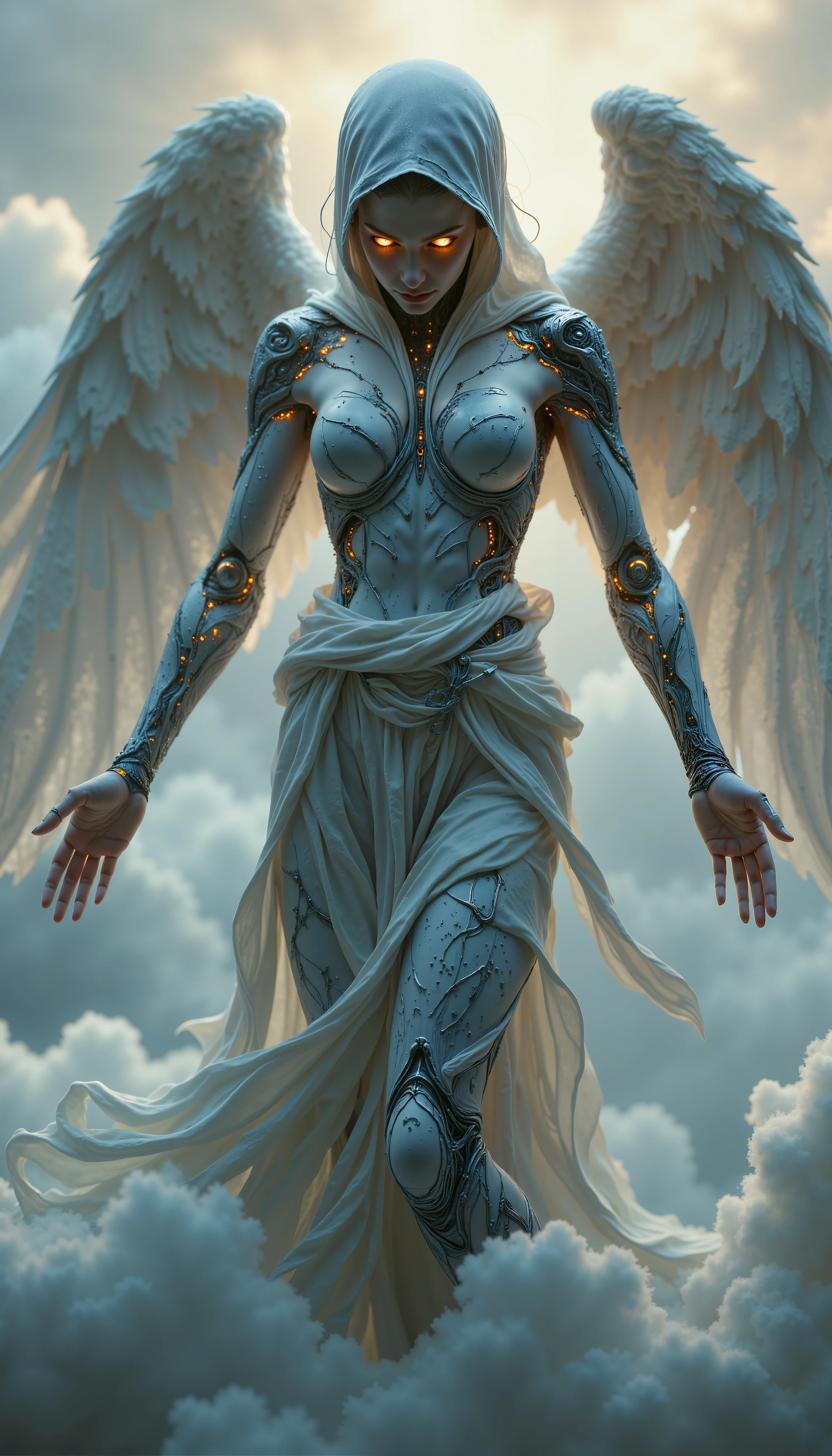 A beautiful angel enveloped in cybernetic corruption with cybernetic skin and implants, appearing magically in front of the viewer asking for help. Soft cloudy background.