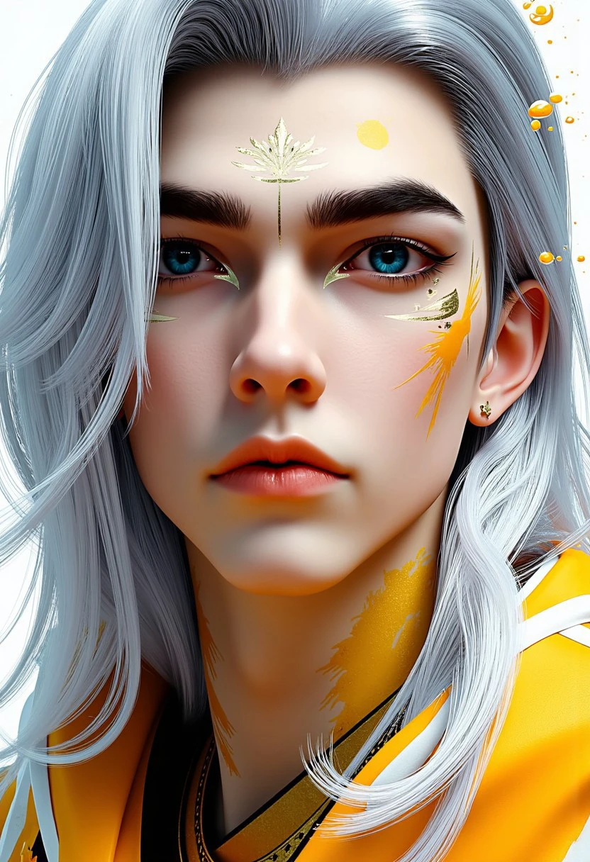 close up. ultra realistic photo. crazy dynamic angle. This is a highly detailed, digital artwork featuring a portrait of shihao. The image is vibrant and colorful, utilizing a watercolor-like style with bold splashes of paint in the background, primarily in shades of silver, gray, and white. The young man has a striking face with large, expressive blue eyes. 
His long flowing hair is styled in loose waves, cascading down his shoulders with a few strands framing his face and colored in platinum and white.
his entire face and body are stained with bright neon paint in gold, white and black. High-fashion pose. Looking at viewer. Super realistic skin texture. perfect sexy tummy. wide hips. slim fit slender body.