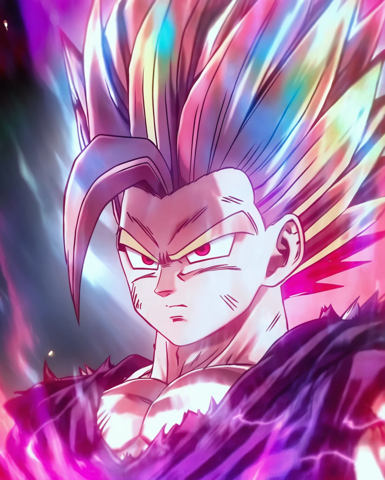 Beast Gohan with Lightning Ki aura of red flame color Spiky Long Glowing Rose pink Hairs,upper body shot,practical light,hard shadows,<lora:Assassin:1>,depth of field,lens_flare,bokeh,chromatic_aberration,contour_deepening,aurora borealis,