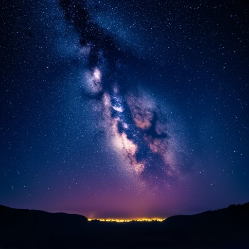 showcasing the Milky Way galaxy. The image features a vast expanse of deep blue sky, almost black hue at the top, swirling mass of stars and cosmic dust that forms the Milky Way. The sky transitions from a deep, which allows the fainter stars to be visible. The sky is a deep, and pink, star-studded expanse., faint points of light to brighter