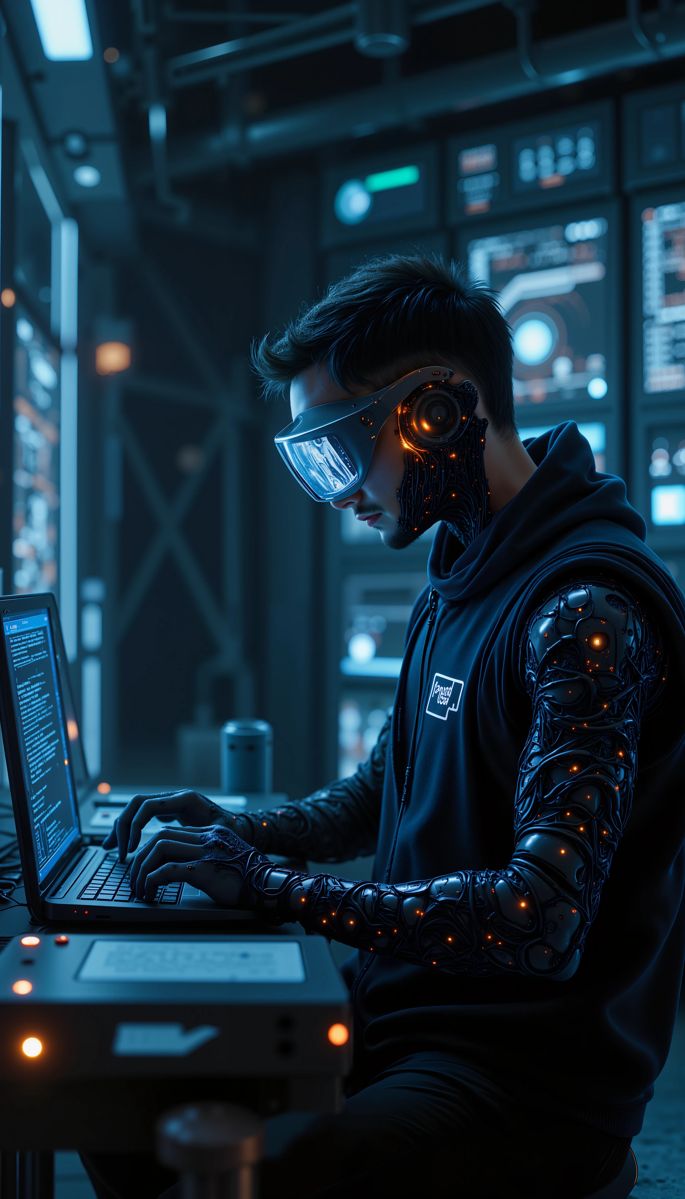 A photorealistic image of a futuristic hacker with cybernetic skin and implants hacking a mainframe.