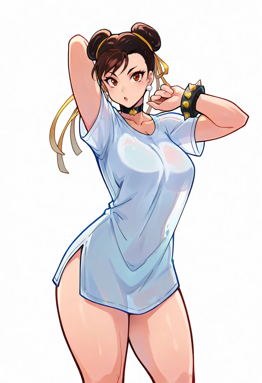 masterpiece, best quality, chun-li, 1girl, :o, arm up, bare legs, black choker, breasts, brown hair, choker, collarbone, cowboy shot, double bun, hair bun, looking at viewer, medium breasts, no pants, see-through silhouette, shirt, simple background, solo, t-shirt, thighs, white background, white shirt,
<lora:Reiq:0.75>