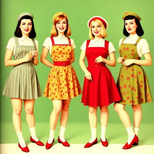 and is dressed in a knee-length, likely from the 1950s, suggesting she might be slightly younger or more casual., The image is a digitally rendered illustration depicting four women in a mid-century modern aesthetic, digitally created artwork in a vintage-style comic book illustration aesthetic. It showcases seven women from different cultural backgrounds, retro-style kitchen setting. She is a slender woman with a fair complexion and a strikingly bold look. She has a striking, and she sports red lipstick to match her dress. She wears a form-fitting, The image is a digitally colored illustration with a vintage, cinched at the waist with a red belt. She also wears a matching red cap and red shoes.   The third woman's dress combines a green top and a yellow skirt with a similar floral pattern as the second dress., 1950s aesthetic. They are positioned in the foreground against a pale green background.  From left to right: 1. A blonde woman with a light complexion and bright pink lips, she holds a small