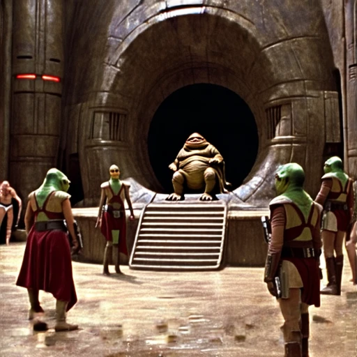 Jabba's throne room from the 'Star Wars' movie universe, a busy scene depicting various alien races from the Star Wars universe, conducting their business and leisure in the court of Jabba the Hutt. Jabba lies on his hover sledge throne at the front of the room, while musicians and scantily-clad human and twilek females dancers look down through an open hearing in the floor in horror and fascinating as Princess Leia, after being cast down into the pit below by Jabba, and dressed in her revealing slave girl bikini costume, is devoured by the mighty Rancor beast, Leia screams as the beast tears off her bikini and sinks it's teeth into her supple flesh.