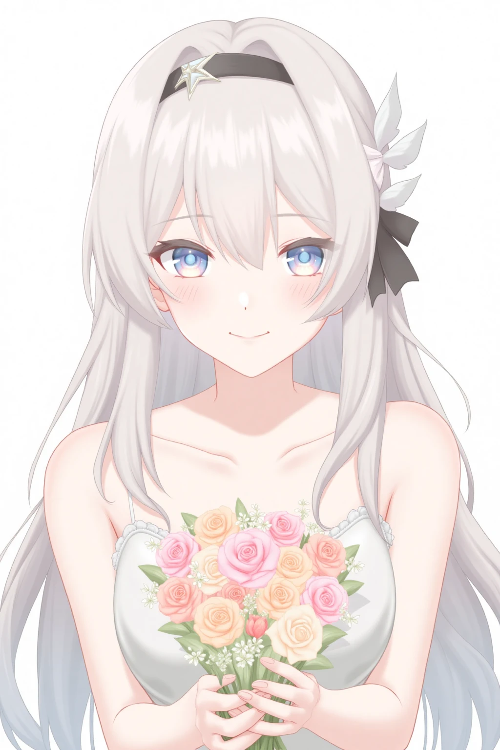 1girl, solo, long hair, looking at viewer, smile, bangs, blue eyes, hair ornament, holding, hair between eyes, closed mouth, upper body, flower, grey hair, hairband, headband, bouquet, holding bouquet