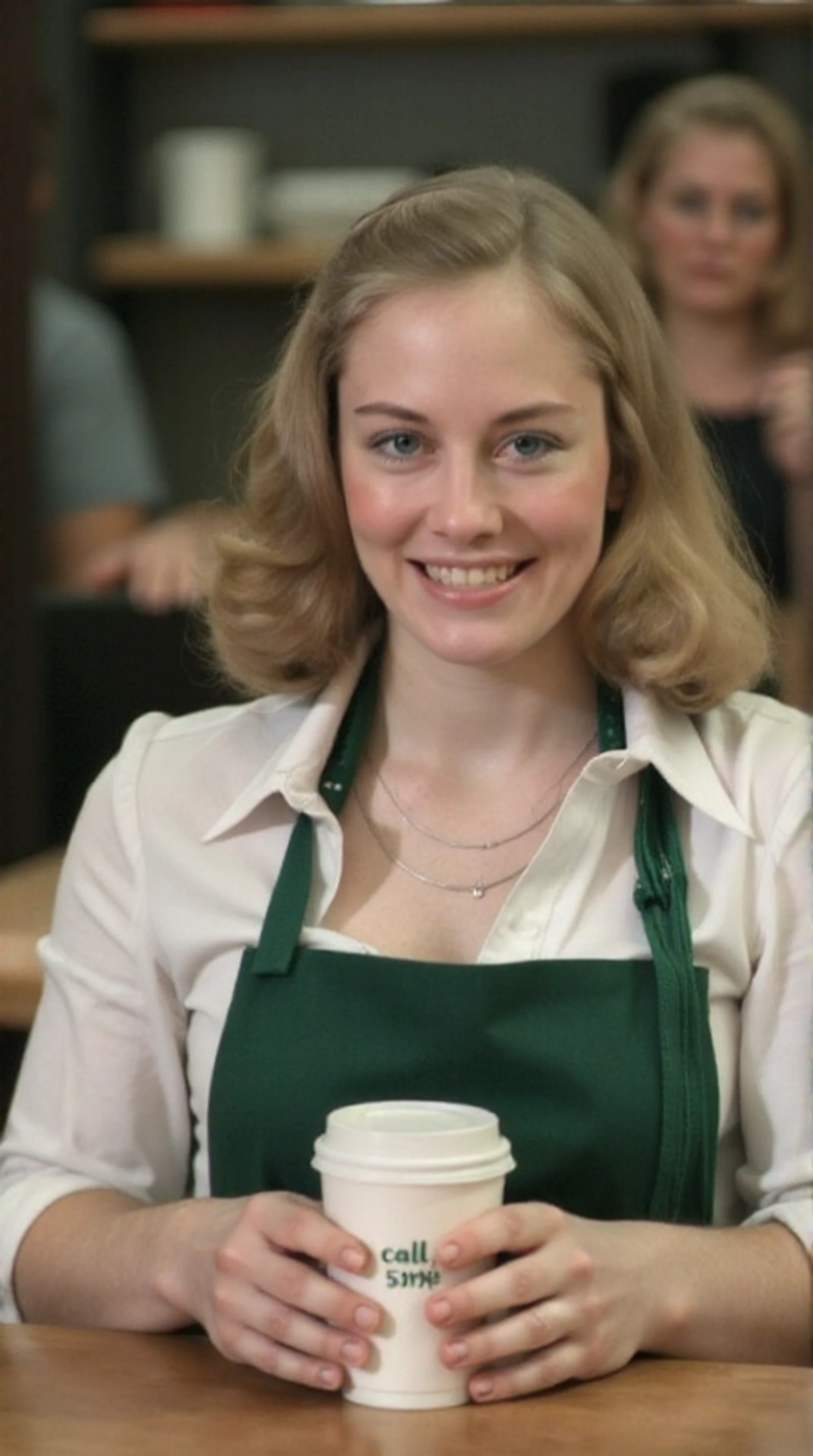 close-up photo of woman, upper body, working at Starbucks as a barista in 2024 NYC, she wears her hair back in a ponytail, her makeup is modern, and she is smiling at the viewer and handing a drink. Detailed, intimate, clear, personal