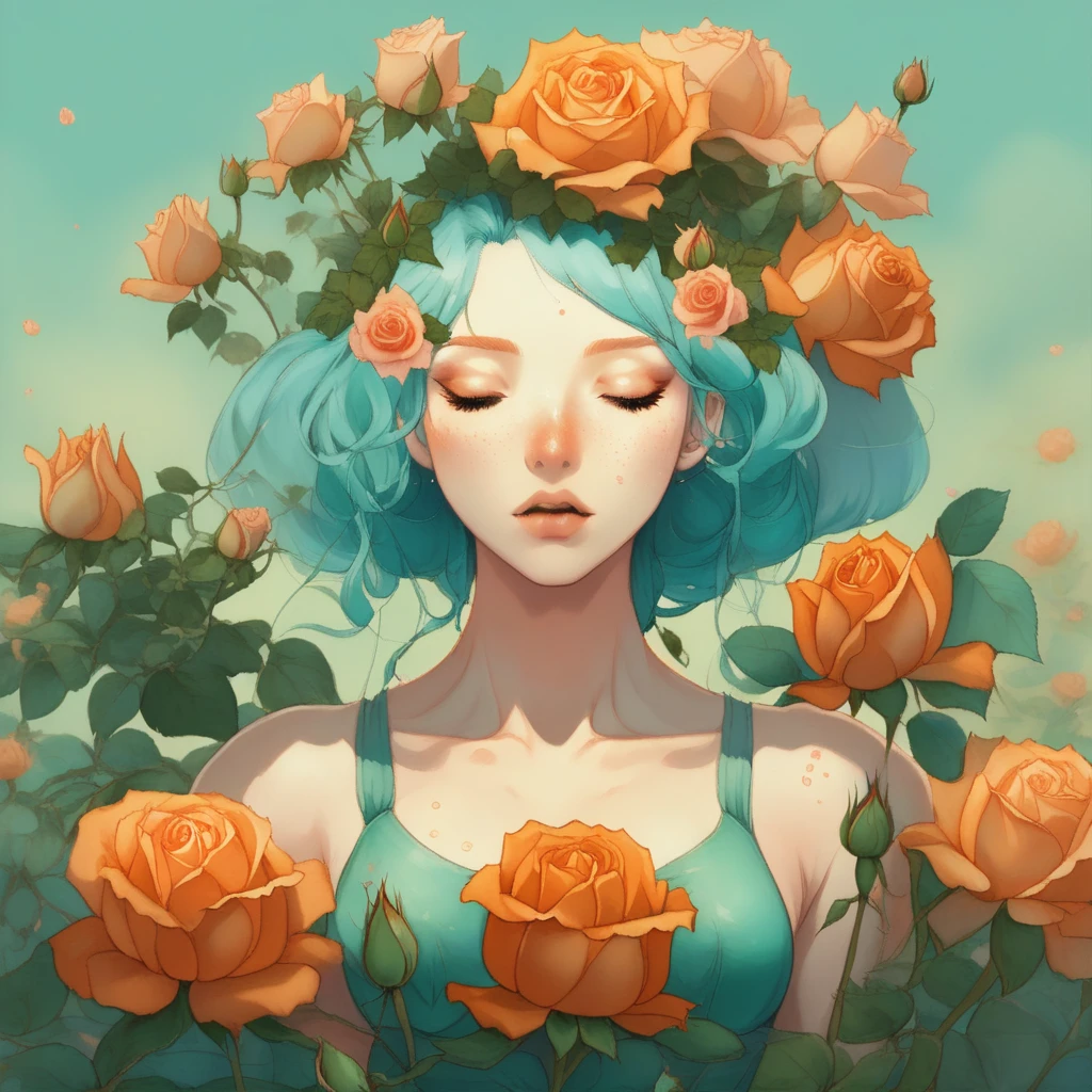 plant, orange eyes, surround by flowers, gem, closed eyes, collarbone, realistic, flora, rose, freckles, breasts, portrait, aqua hair