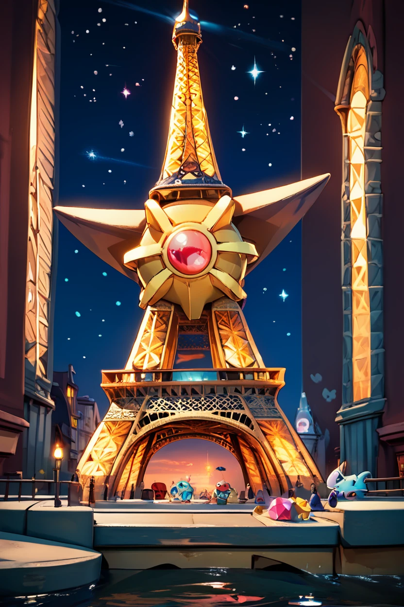 score_9, score_8_up, score_8,   BREAK, , ,,,  zzStaryu, pokemon (creature), no humans, , red eyes, gem, one-eyed ,<lora:Staryu_Pokemon_PDXL:1.0>, ,,, , BREAK, zzEiffelTower in background, sitting, watercraft, boat, sitting on wall, side view, looking at viewer, smile, ,,, BREAK, blooming stars, luminescent petals, otherworldly fragrance blurry background, ,,, embedding:zPDXL, Expressiveh, ,,, <lora:EiffelTowerPDXL:1.0>, <lora:CatalystStylePDXL:0.6>, <lora:SDXLFaeTastic2400:0.5>, <lora:Expressive_H-000001:0.4>,