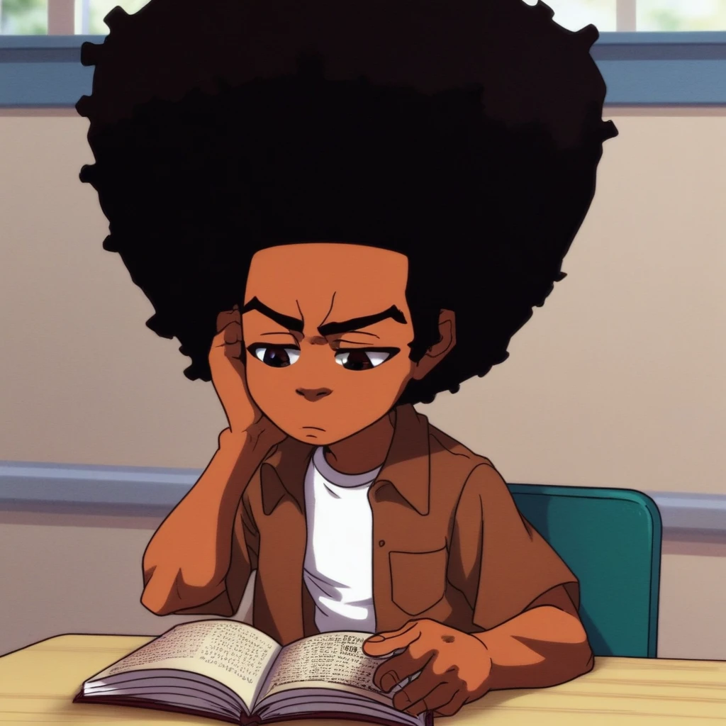 score_9, solo, huey_f, dark-skinned male, afro, black hair, brown eyes, jacket, shirt, reading, book, classroom, bored