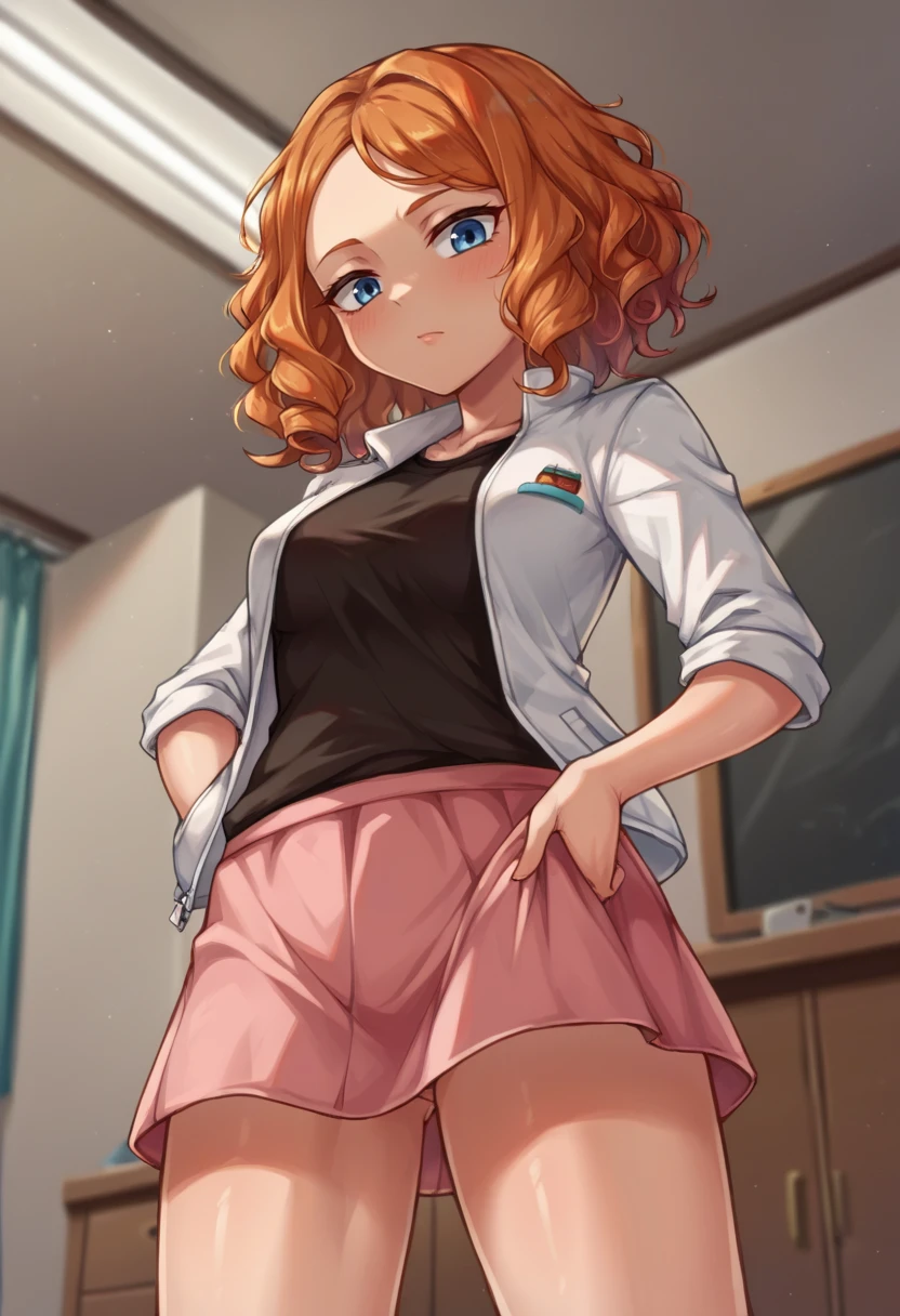 score_9,score_8_up,score_7_up BREAK <lora:melissa:1>,melissaSDXL,1girl,blue eyes,shirt,jacket,short hai,rorange hair,black shirt,curly hair,white jacket,pink skirt,cowboy shot,room,room background,from below,