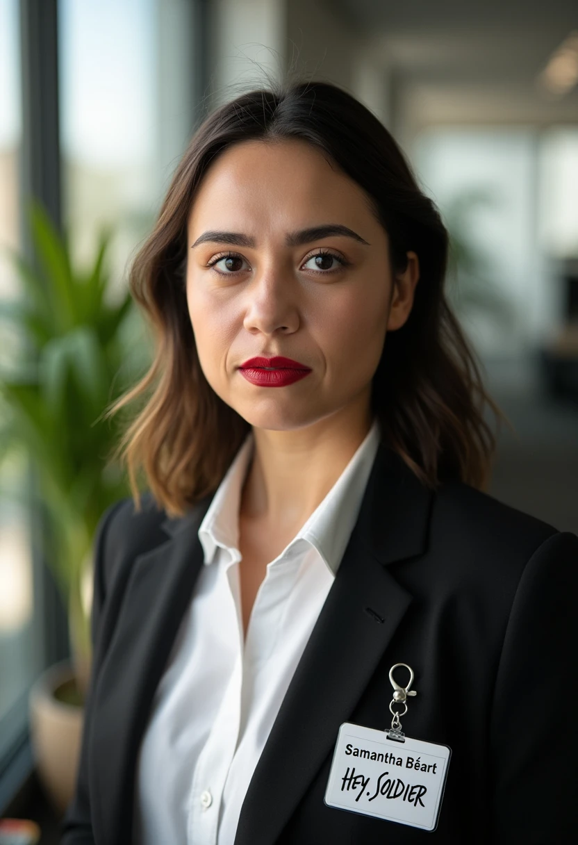 A portrait photo of samanthabeart, a woman. She is looking straight at the viewer with a serious expression on her face. She is wearing red lipstick. Her eyebrows are drawn down. Her mouth is closed shut. Her lips are pressed together. She is wearing a professional white shirt and a black business suit. A simple ID badge with black bold text name "Samantha Béart" and smaller title "Hey, Soldier" is pinned to the suit jacket. The background is blurry and shows a modern office with house plants. Sunlight is shining through large windows.