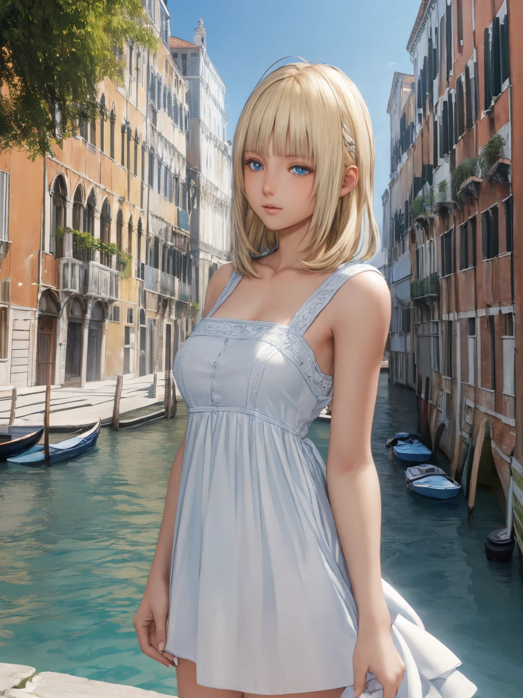 <lora:Lunafrena_L_0Rv2:0.7>, <lora:CC_Detail_Tweaker_1:0.5>
lunafrena-l, blue eyes, blonde hair, medium hair, small breasts
white dress, sleeveless
masterpiece, best quality, ultra-detailed, detailed, detailed skin, absurdres, 8k, digital art
1girl, solo, facing viewer, looking at viewer, standing, cowboy shot
(outdoors, fantasy, venice, stone floor, tree, flower bed, canal)