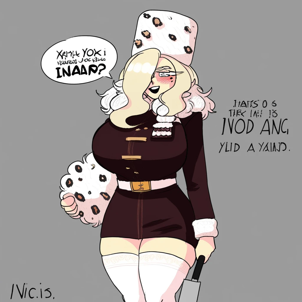 fur hat, thighhighs, blonde hair, english text, mole, pants, holding, hair over one eye, , solo