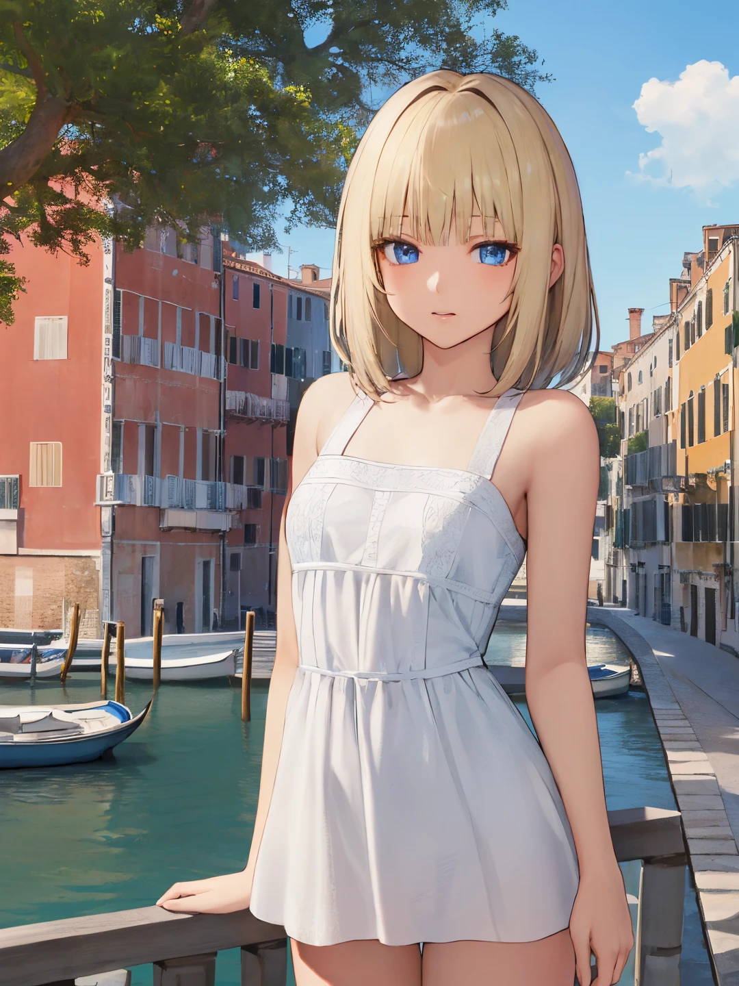 <lora:Lunafrena_L_0Rv2:0.62>
lunafrena-l, blue eyes, blonde hair, medium hair, small breasts
white dress, sleeveless
masterpiece, best quality, ultra-detailed, detailed, detailed skin, absurdres, 8k, digital art
1girl, solo, facing viewer, looking at viewer, standing, cowboy shot
(outdoors, fantasy, venice, stone floor, tree, flower bed, canal)