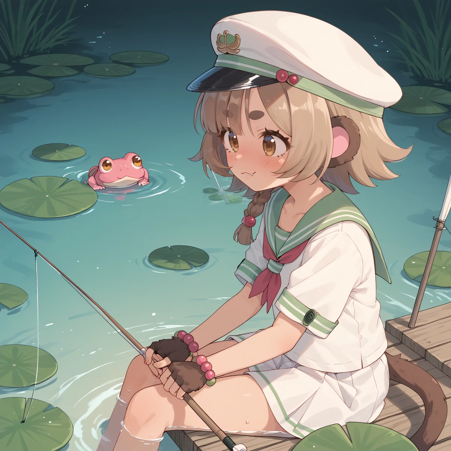 score_9, score_8_up, score_7_up, score_6_up, score_5_up, score_4_up, source_anime, rating_safe, BREAK from side,
1girl, solo, monkey girl, tail, single braid, blush, fingerless gloves, skin fang,
serafuku, fishing, holding fishing pole, sailor hat, peaked cap,
sitting, on dock, water , lilypads, frog, 
 <lora:mumkeydee_d33_test1-000006:1>,