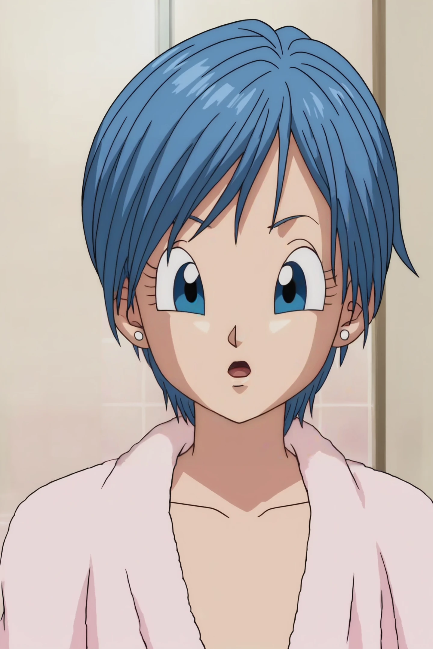 source_anime, score_9, score_8_up, score_7_up, anime screencap,8k, absurd res,
bulma, 1girl, solo, looking at viewer, short hair, open mouth, blue eyes, bathroom, indoors, bare shoulders, jewelry, blue hair, collarbone, upper body, earrings, shiny, shiny hair, fingernails, eyelashes, towel, close-up, stud earrings, naked towel, portrait, wet hair,
 <lora:bulmaDBS_pony_v3:0.8>