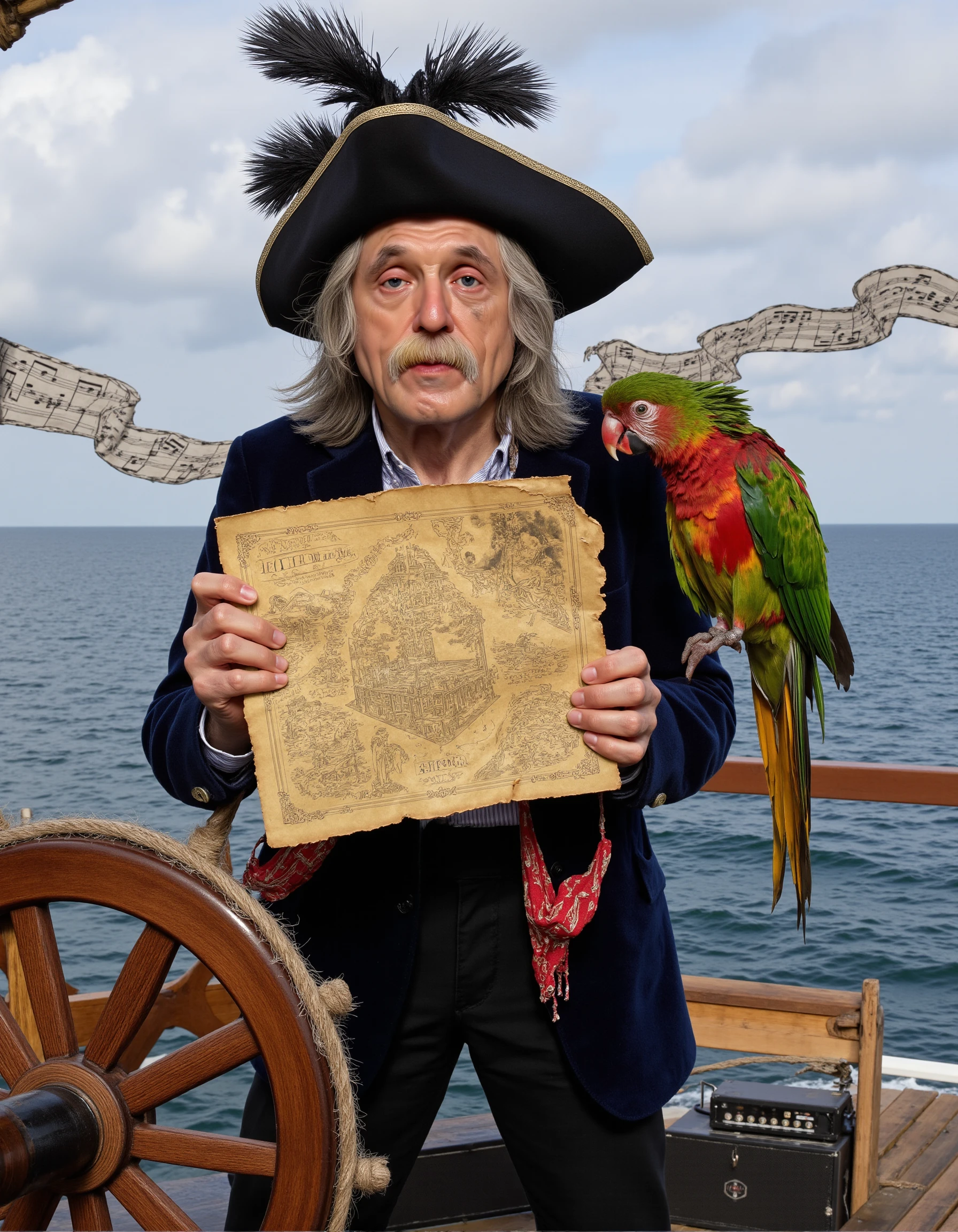 <lora:Johan Derksen:1.5> a man called Johan Derksen, old man, grey hair, 
Envision Johan as an eccentric pirate captain, with a wildly over-the-top pirate hat adorned with feathers and a parrot on his shoulder thatâs yawning. Heâs holding an old, worn map that clearly shows the path to "The Lost Island of Rock and Roll." His ship's wheel is lined with vintage records, and he stands on the deck of a ship made from guitars and amplifiers. His expression is determined and slightly annoyed, as if heâs been searching for this treasure for years. The ocean around him has musical notes floating like waves, adding to the quirky, absurd scene.