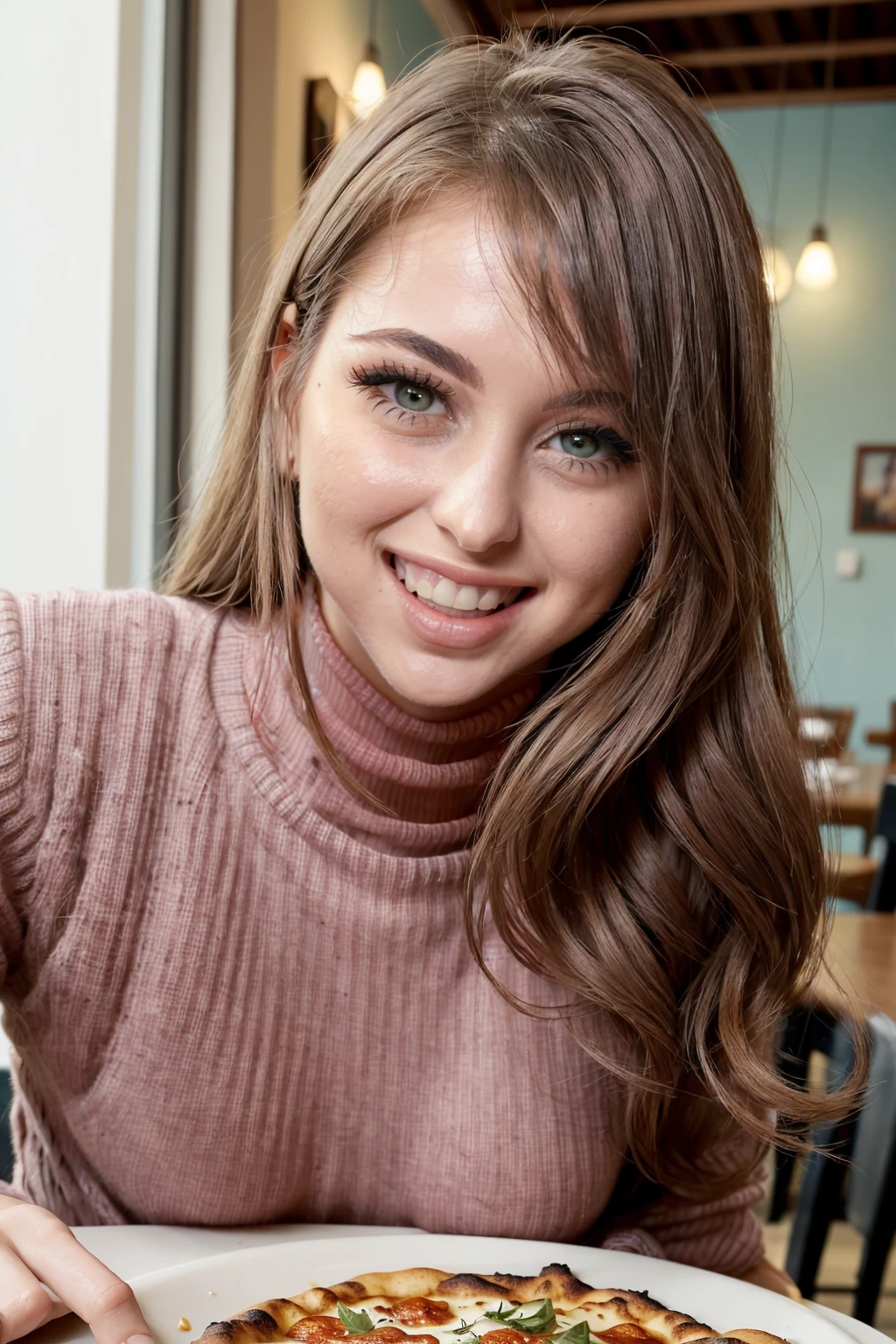 masterpiece, high resolution, cinematic, absurdres, photorealistic, realistic. rlyrd, Riley Reid, <lora:riley_reid_LoRA_0.2-000003:1>, wavy long dark red hair hair, wearing a pink turtle-neck jumper, sitting at the table at a pizzeria in Rome, small breasts, (erotic:1.4), (flirting:1.3), ((laughing)), ((squinting)), eating pizza, dinner with rlyrd. <lora:lora_perfecteyes_v1_from_v1_160:0.6>, green eyes, photo of perfecteyes eyes, perfecteyes eyes. perfect hands, detailed hands