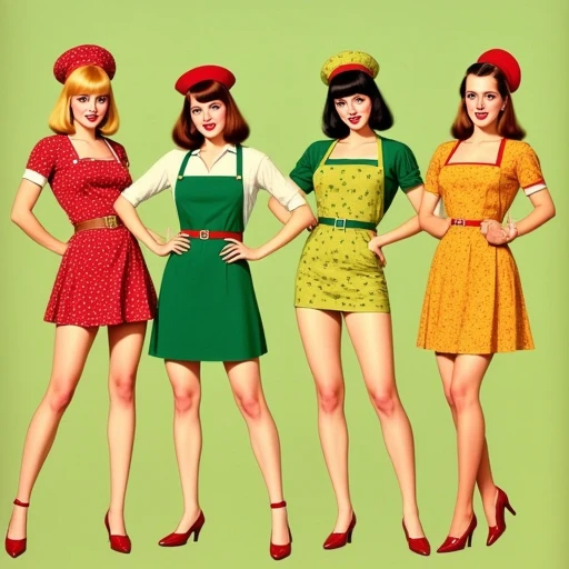 and is dressed in a knee-length, likely from the 1950s, suggesting she might be slightly younger or more casual., The image is a digitally rendered illustration depicting four women in a mid-century modern aesthetic, digitally created artwork in a vintage-style comic book illustration aesthetic. It showcases seven women from different cultural backgrounds, retro-style kitchen setting. She is a slender woman with a fair complexion and a strikingly bold look. She has a striking, and she sports red lipstick to match her dress. She wears a form-fitting, The image is a digitally colored illustration with a vintage, cinched at the waist with a red belt. She also wears a matching red cap and red shoes.   The third woman's dress combines a green top and a yellow skirt with a similar floral pattern as the second dress., 1950s aesthetic. They are positioned in the foreground against a pale green background.  From left to right: 1. A blonde woman with a light complexion and bright pink lips, she holds a small