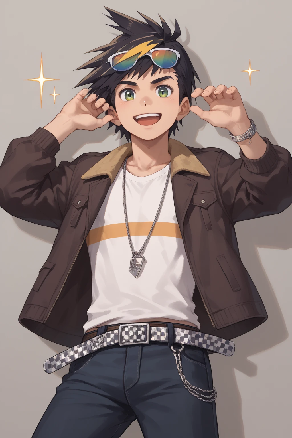 score_9, score_8_up, score_7_up, score_6_up, score_5_up,score_4_up , 
kouki, black hair, green eyes, 1boy, male focus, solo, sunglasses, smile, open mouth, shirt, pants, teeth, brown jacket, white shirt,belt, spiked hair, short hair, jewelry, upper teeth only, :d, sparkle, open jacket, multicolored hair, long sleeves, open clothes