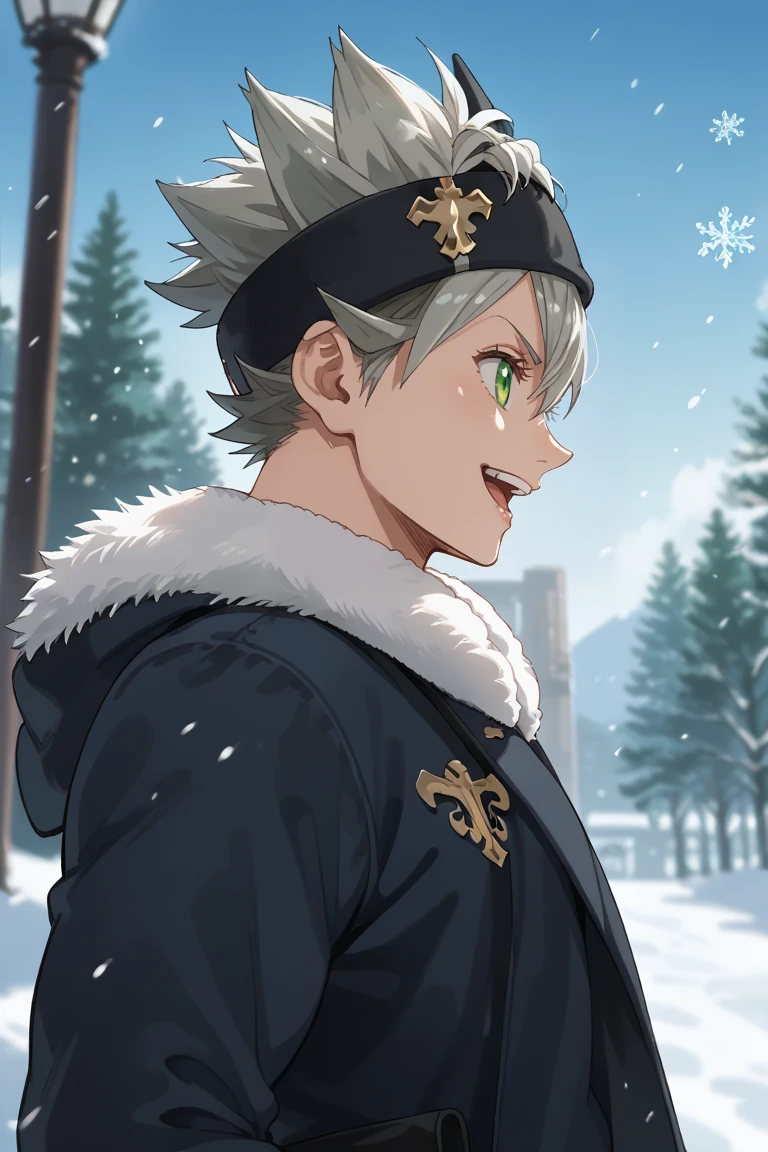 score_9, score_8_up, score_7_up, source_anime, rating_questionable, day, natural lighting, winter theme, snow, snowing, snowflakes, male focus, leaning back, looking away, smiling, TSAstaBC, grey_TSAstaBC_spiked hair, green_TSAsta_eyes, open mouth, winter clothes, fur trim, 1boy, blurry outdoors, from side, from below, dutch angle, intricately detailed illustration, atmospheric perspective, depth of field