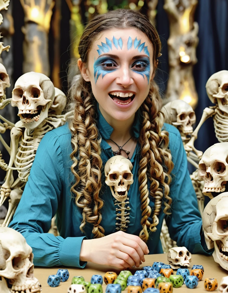 a professional face-focused absurdres intricately detailed photograph of the beautiful (solo:1.1) Leah_Voysey with a wink and a nod,
playing magic the gathering with several delinquent marmosets,
 <lora:Leah_Voysey-SDXL:1>
 <lora:bonex:1> bonex, bone, skeleton