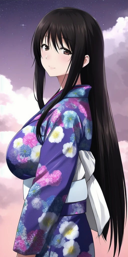 arms_behind_back, <lora:ohno_kanakoV7:0.7> ohno_kanako, huge_breasts, standing, solo, , starry_sky, kimono,, masterpiece, best_quality, detailed_face, detailed_eyes, highres, beautiful, detailed, absurdres,