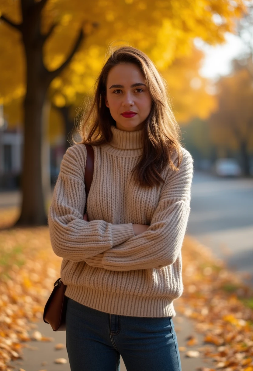 an amateur photo of samanthabeart, a 5.3 feet tall woman, wearing lipstick and modest casual autumn clothes and jeans on a sunny autumn day. Golden leafs on the ground.