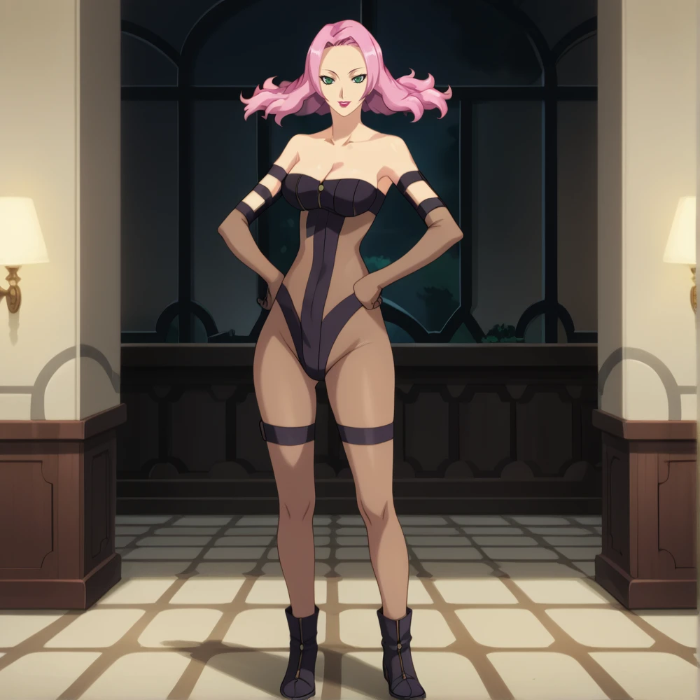 score_9, score_8_up,  source anime, ((hyper realistic)), (full body view), masterpiece, ultra detailed, vibrant, (indoors :1.3), 1 woman, (solo:1.2), mature female, Mexiah, mexiah floaty hair, pink hair, green eyes, hot-pink lips, mexiah pilotsuit, bare shoulders, collarbone, cleavage, leotard, armband, legband, elbow gloves, boots, tall, slender,  full body shot, looking  at viewer, standing, hands on hips, flirty, smile,  (perfect hands:1.2),  <lora:StS_detail_slider_release_two_v3:1>     <lora:Mexiah:1>