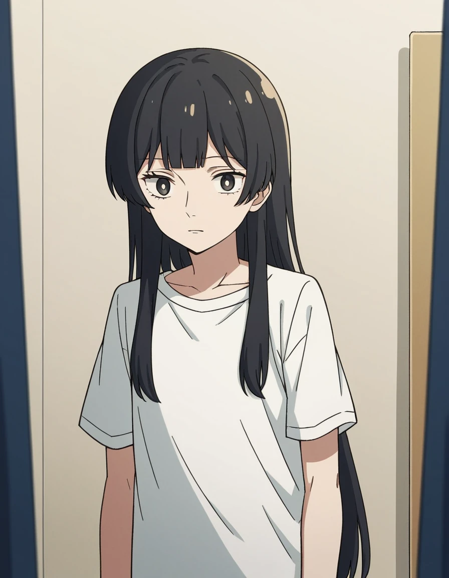 score_9, score_8_up, score_7_up, source_anime, <lora:anzu-hanashiro-movie-ponyxl-lora-nochekaiser:1>, anzu hanashiro, long hair, bangs, black hair, sidelocks, blunt bangs,, shirt, white shirt, short sleeves, shorts,, fitting room, mirror, clothes, privacy, store, , v, v over eyes,, looking at viewer, solo,, dutch angle, cowboy shot