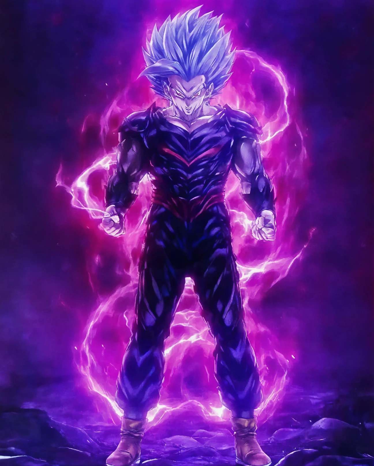 Gohan beast with ki aura of purple and blue and red color and spiky long electrified grey hairs and wearing savitar suit,<lora:Assassin:1>,<lora:Godspeed_XL:1>,