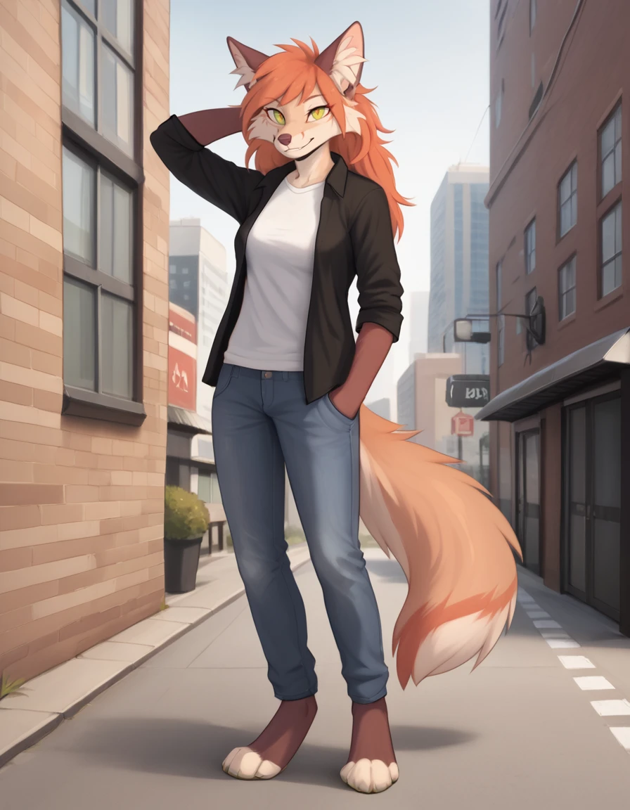 outdoors,detailed background,city, 
Kiri,1girl,solo,animal ears,furry female,body fur,snout,animal nose,green eyes,tail,bangs,white fur,long hair,two-tone fur,orange hair,red hair,animal ear fluff,brown fur,fox ears,sidelocks,fox girl,yellow eyes,fox tail,
smile,happy,
full body,pose,
business casual, 
<lora:Kiri_v01_PDXL:1>,