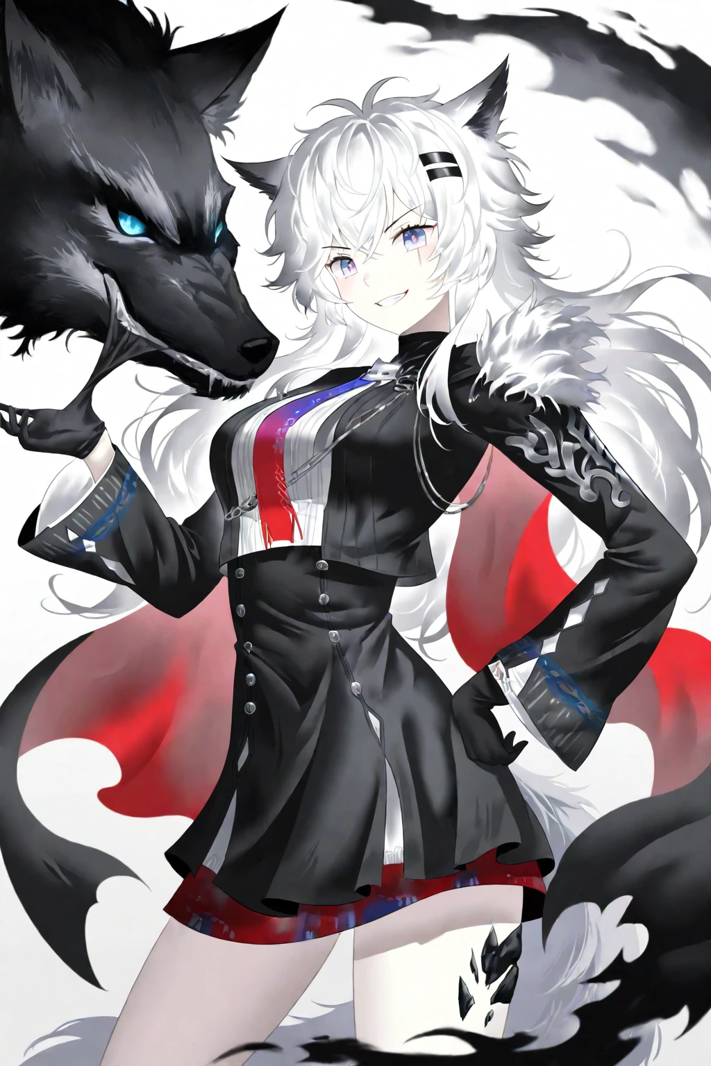 1girl, absurdres, animal ear fluff, biting, biting glove, blue eyes, blue necktie, breasts, cowboy shot, crossed bangs, gradient necktie, grey tail, grin, hand up, high collar, highres, lappland the decadenza, layered sleeves, looking at viewer, material growth, medium breasts, messy hair, multicolored necktie, oripathy lesion, pale skin, ribbed shirt, rio, (rio773), shoulder pads, simple background, single shoulder pad, smile, solo, standing, tail, teeth, two-tone necktie, v-shaped eyebrows, white background, wolf tail <lora:appland_the_decadenzaXLlokr4f-000130:0.95>