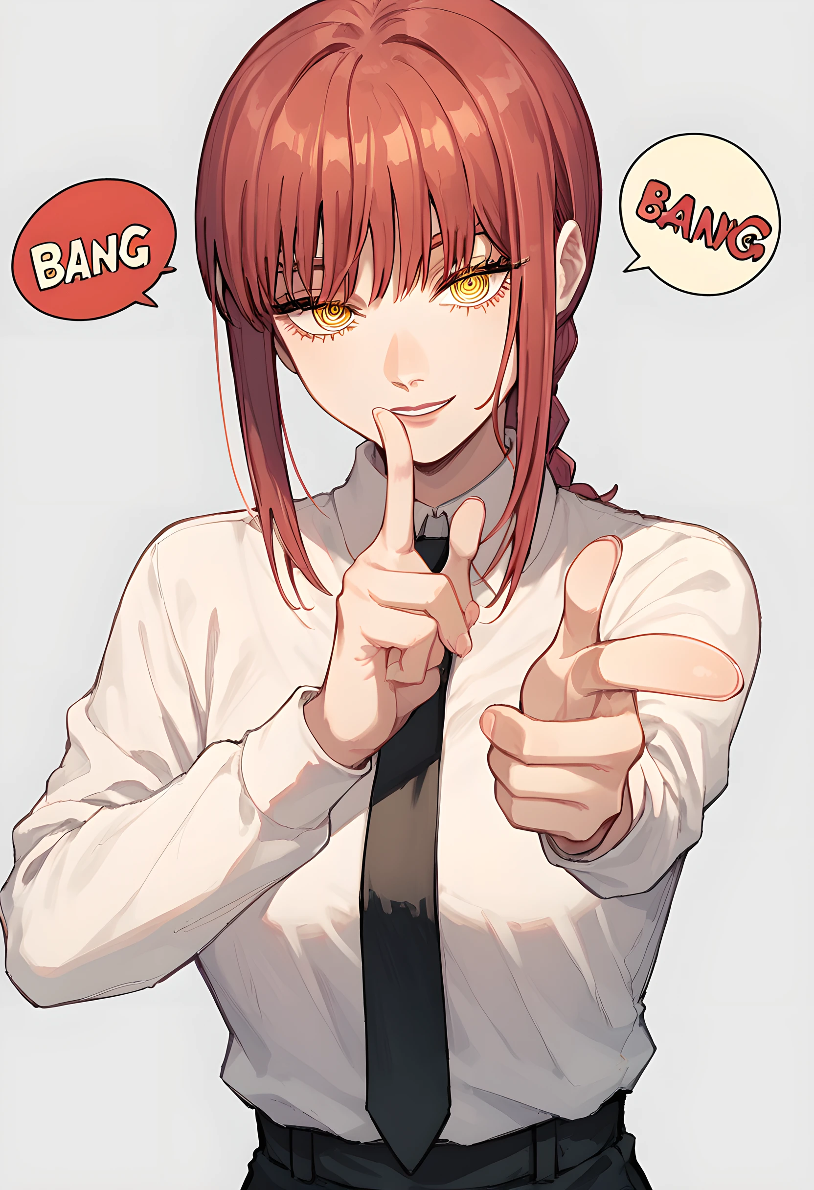 score_9, score_8_up, score_7_up, 1girls, solo, anime source, makima \(chainsaw man\), red hair, yellow eyes, finger gun, bang (gesture), bubble speech "BANG", dynamic angle, <lora:makima_offset:1> <lora:Finger_gun_Shooting_Bang_Pose_for_Pony:1>