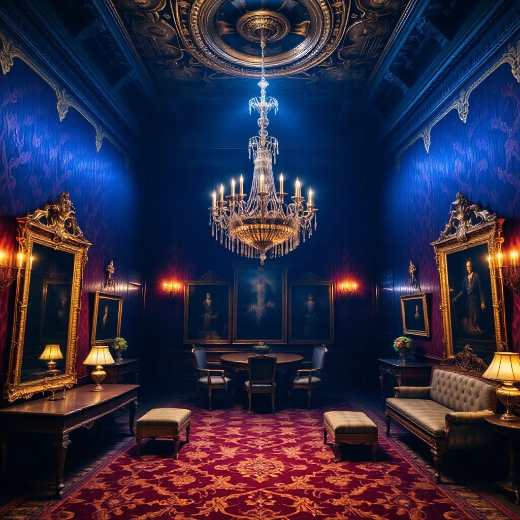 The image showcases an opulent and grand interior space, likely a palace or a noble's hall, characterized by its lavish and ornate design. The walls are adorned with rich red fabric, embellished with intricate gold patterns and motifs that convey a sense of grandeur and wealth. Large, ornate mirrors with gilded frames line the walls, reflecting the luxurious surroundings and enhancing the room's spaciousness. The ceiling is a masterpiece in itself, featuring elaborate frescoes and intricate moldings, crowned with a large, elegant chandelier that hangs from the center, casting a warm and inviting glow. The floor is covered with an expansive, intricately designed carpet, featuring floral patterns and symmetrical designs that complement the room's overall aesthetic. The furniture includes gilded chairs and tables, each piece meticulously crafted and adorned with luxurious upholstery. Statues and decorative elements are strategically placed throughout the room, adding to the sense of opulence and historical significance. The overall atmosphere is one of regal elegance and timeless sophistication, reflecting the grandeur of a bygone era.

, cinematic 18k film, art photo, dawn, realistic professional, snapshot, 
 diffuse light and shadows, reflections, art 
blue cold backlight. 