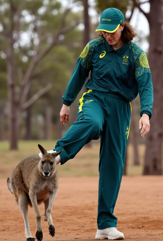 A woman wearing green baseball cap and a green tracksuit is jumping on one foot in the australian bush next ot oa kangaroo <lora:Raygun:0.9>