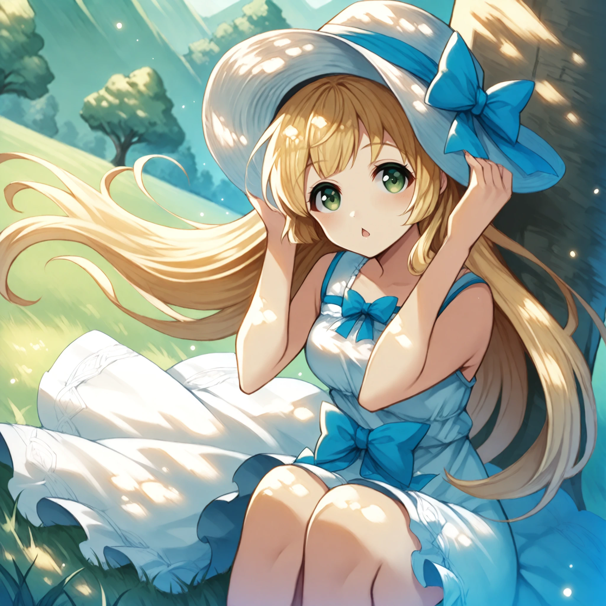 masterpiece, best quality, 1girl, solo, anime, white dress, sleeveless dress, blonde hair, very long hair, field, grass, sun hat, hands on headwear, green eyes, small breasts, sitting, tree shade, against tree, hill, wind, chestnut mouth, knees up, hat ribbon, (dutch angle:1.3), light particles, facing viewer, hips, dress bow, depth of field, dappled sunlight, blush, blurry background, floating hair, vignette, (knees to chest:1.2), thighs, (two-handed:1.4), wind, (from above:0.75), looking at viewer, looking up, <lora:kingsstyle-illu-beta2-25:1>