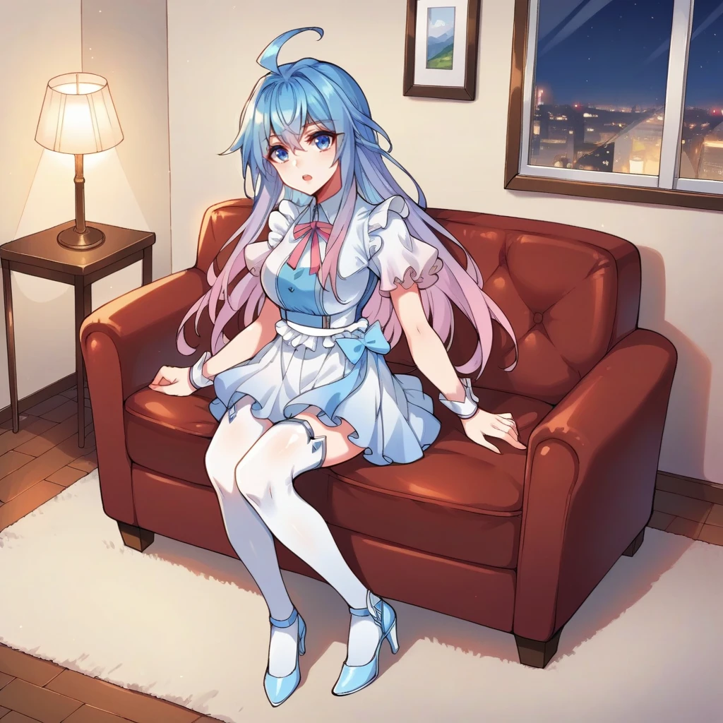 score_9_up, score_8_up, score_7_up, source_anime, 1girl, solo, living room, dimmed light, night, lamp, sitting on couch, head tilt, confused, open mouth, looking at you, full body, blue footwear, high heels, from above, angled shot, WangQiu, Er_3rd, gradient hair, blue hair, pink hair, blue eyes, long hair, ahoge, alt frilled skirt, alt pleated skirt, alt white skirt, high-waist skirt, blue bow, blue ribbon, alt butterfly hair ornament, short sleeves, frilled sleeves, puffy sleeves, blue footwear, high heels, white sleeves, frilled shirt, alt white shirt, pink ribbon, neck ribbon, white thighhighs, white belt, jewelry, wrist cuffs, multicolored shirt, blue shirt, mature body, dynamic cowboy shot, 