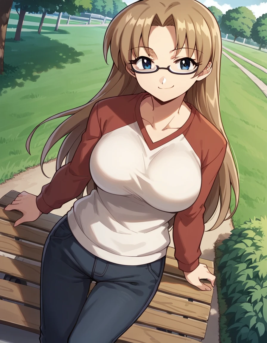 score_9, score_8_up, score_7_up, source_anime, <lora:ai-mai-momoi-s1-ponyxl-lora-nochekaiser:1>, ai mai momoi, long hair, blue eyes, brown hair, glasses, parted bangs, large breasts,, raglan sleeves, pants,, park, grass, benches, path, recreation, smile, smug, looking at viewer, solo,, dutch angle, cowboy shot