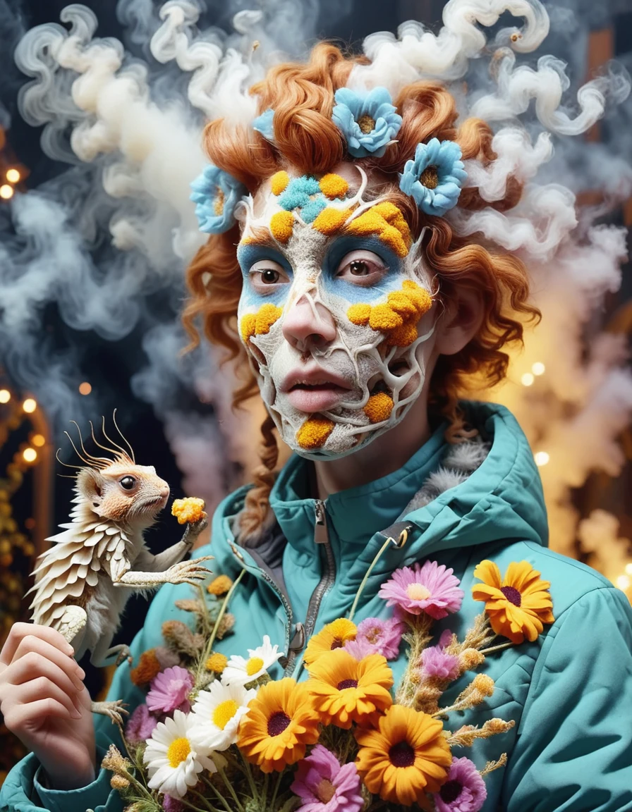 a professional face-focused absurdres intricately detailed photograph of the beautiful (solo:1.1) Leah_Voysey with a majestic jacket made of flowers and fried chicken and finger bones,
playing with several sugared-up delinquent marmosets,
 <lora:Leah_Voysey-SDXL:1>
 <lora:DonMW15pXL:1> DonMW15pXL, the head of a praying mantid,
 <lora:ExplosionMagic:1> explosionmagic , excessive energy, smoke, glowing aura