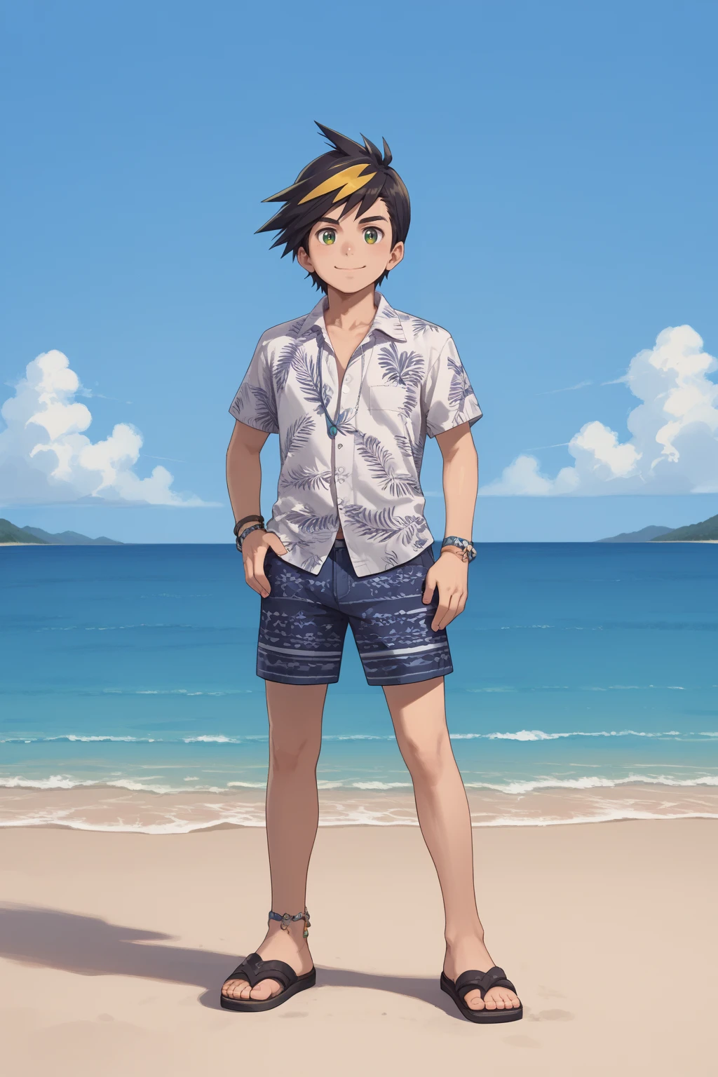 score_9, score_8_up, score_7_up, score_6_up, score_5_up,score_4_up , 
kouki, black hair, green eyes, 1boy, male focus, solo, jewelry, bracelet, sandals, beach, shorts, blonde hair, shirt, smile,  multicolored hair, anklet, hawaiian shirt, standing, collared shirt, striped, solo